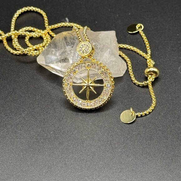 Gold Tone Compass Necklace with Rhinestones #1459 - Picture 13 of 16